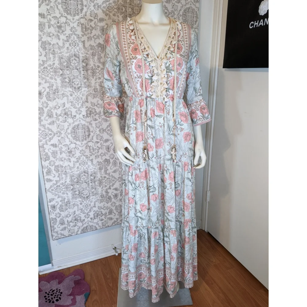 SMF 70s inspired Dusty Pastel Tiered Maxi Dress - Picture 4 of 10
